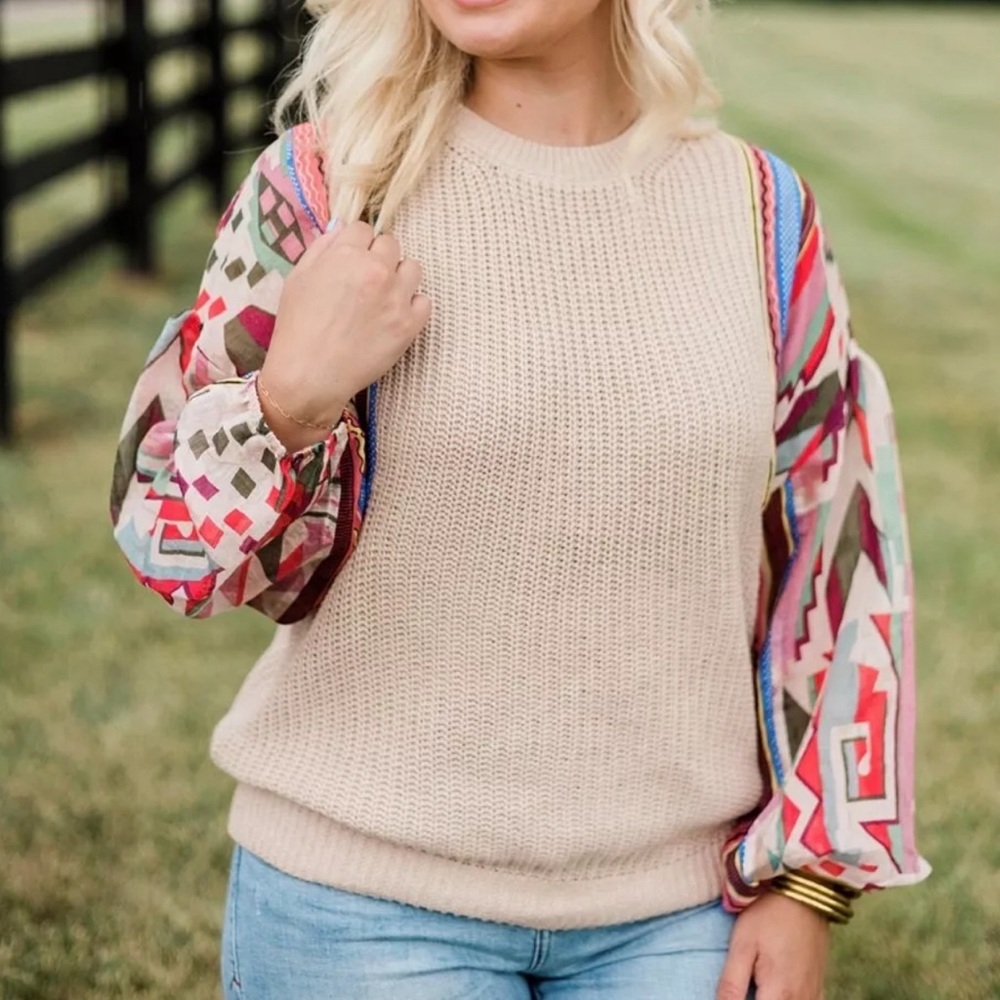 Women's Beige Sweater with Colorful Sleeves
